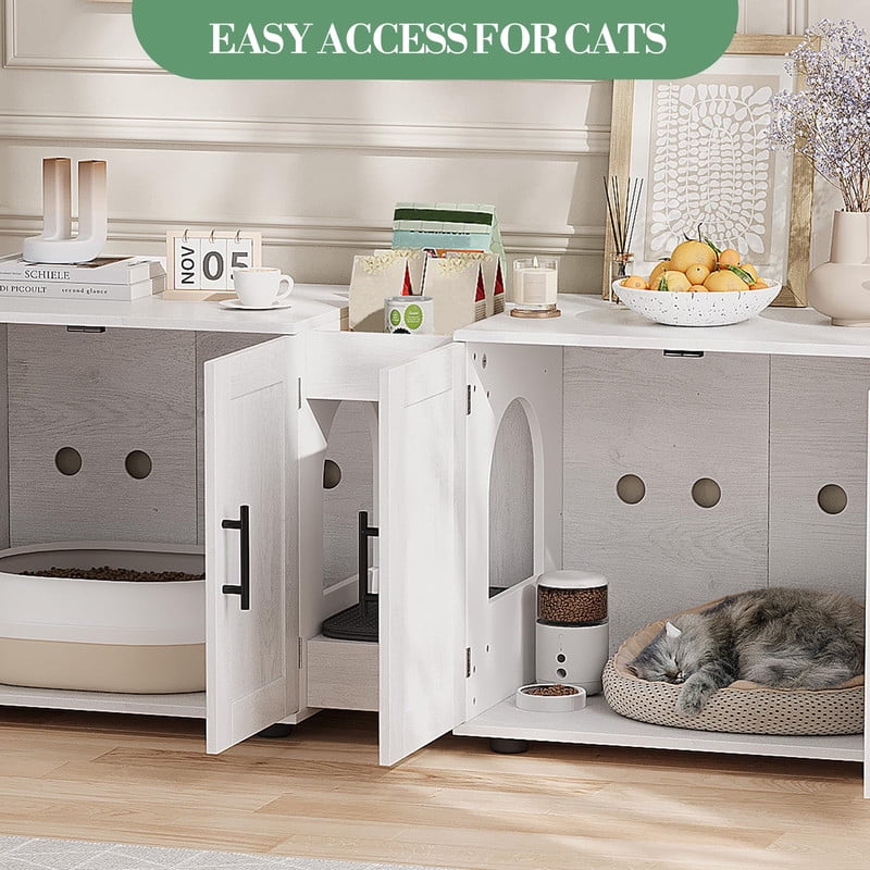 TROPOW Double Litter Box Enclosure,55" Furniture for 2 Cats, TV Stand,Waterproof Easy-Clean Surface,Cabinet Buckles & Storage Grooves,Suitable for living room, furniture decoration