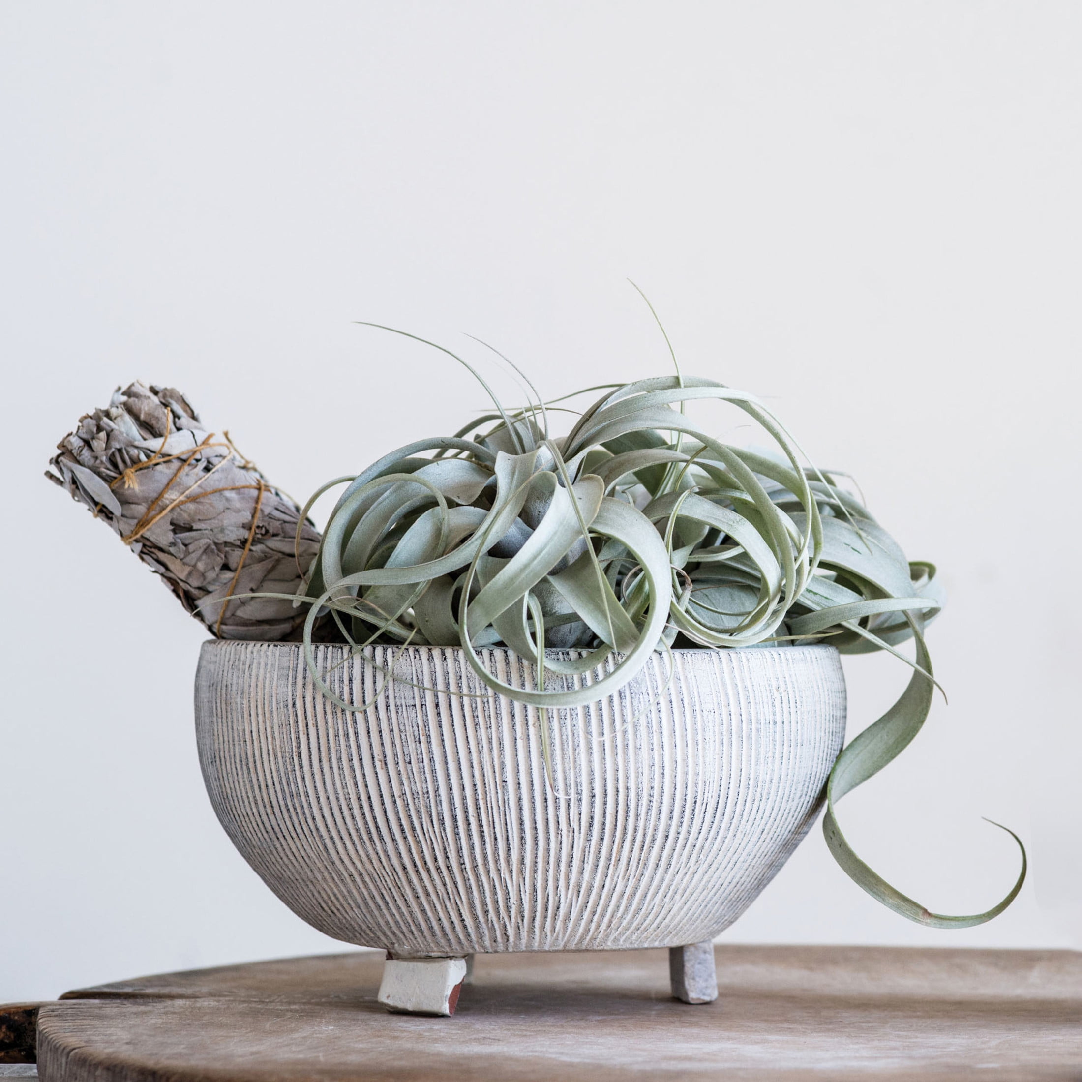 Creative Co-Op Round Terra-cotta Footed Planter with Textured Stripes, Grey