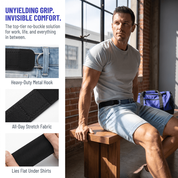 No Buckle Belts for Men, Metal Hook Elastic Belt, Unisex Buckle-Less Invisible Waist Belts for Work & Edc