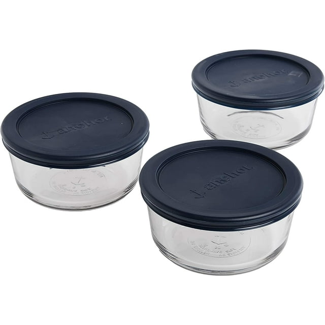 Anchor Hocking Contenants de Stockage Alimentaire en Verre Classique avec Couvercles, Bleu, 2 Tasses (Ensemble de 3)