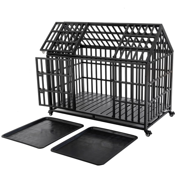 Anykoon 52" Heavy Duty Dog Crate Large Dog cage Strong Metal Dog Kennels and Crates for Large Dogs with 2 doors and 4  Lockable 360-degree Wheels