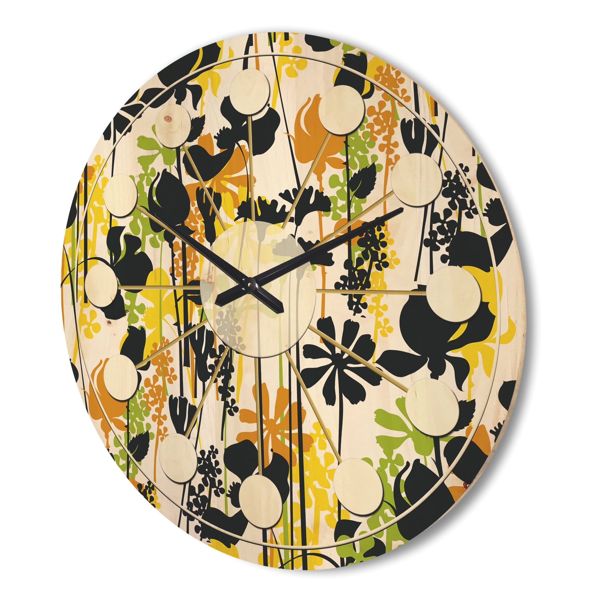 Designart 'Summer Meadow Pattern, Black silhouettes On White' Mid-Century Modern Wood Wall Clock