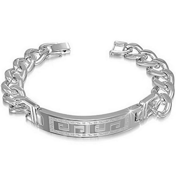 Stainless Steel Silver-Tone Men's Greek Key Link Bracelet with Clasp