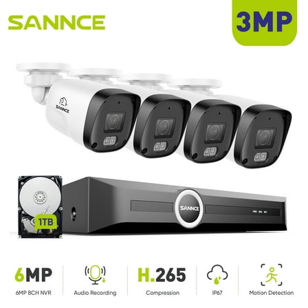 SANNCE PoE Surveillance Security Camera System, H.265  6MP 8CH NVR, 4X3MP Wired Bullet Security Cams, AI Human/Vehicle Detection, Built-in Mic, 100Ft Color Night Vision, IP67, 1TB HDD, Security Kit