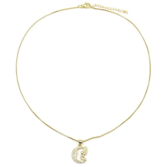 14K Gold Plated Angel and Moon Pendant Necklace with Genuine Crystals