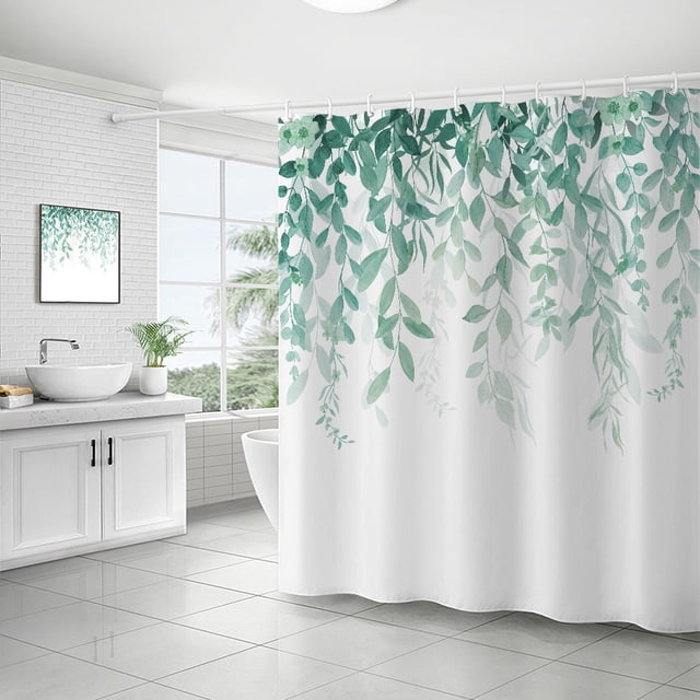 Cortina de baño, cortina de ducha de plantas verdes, impermeable y a prueba de moho, impresión digital 3D, partición de cortina de baño de bosque, no requiere perforación, XF27, 90*180