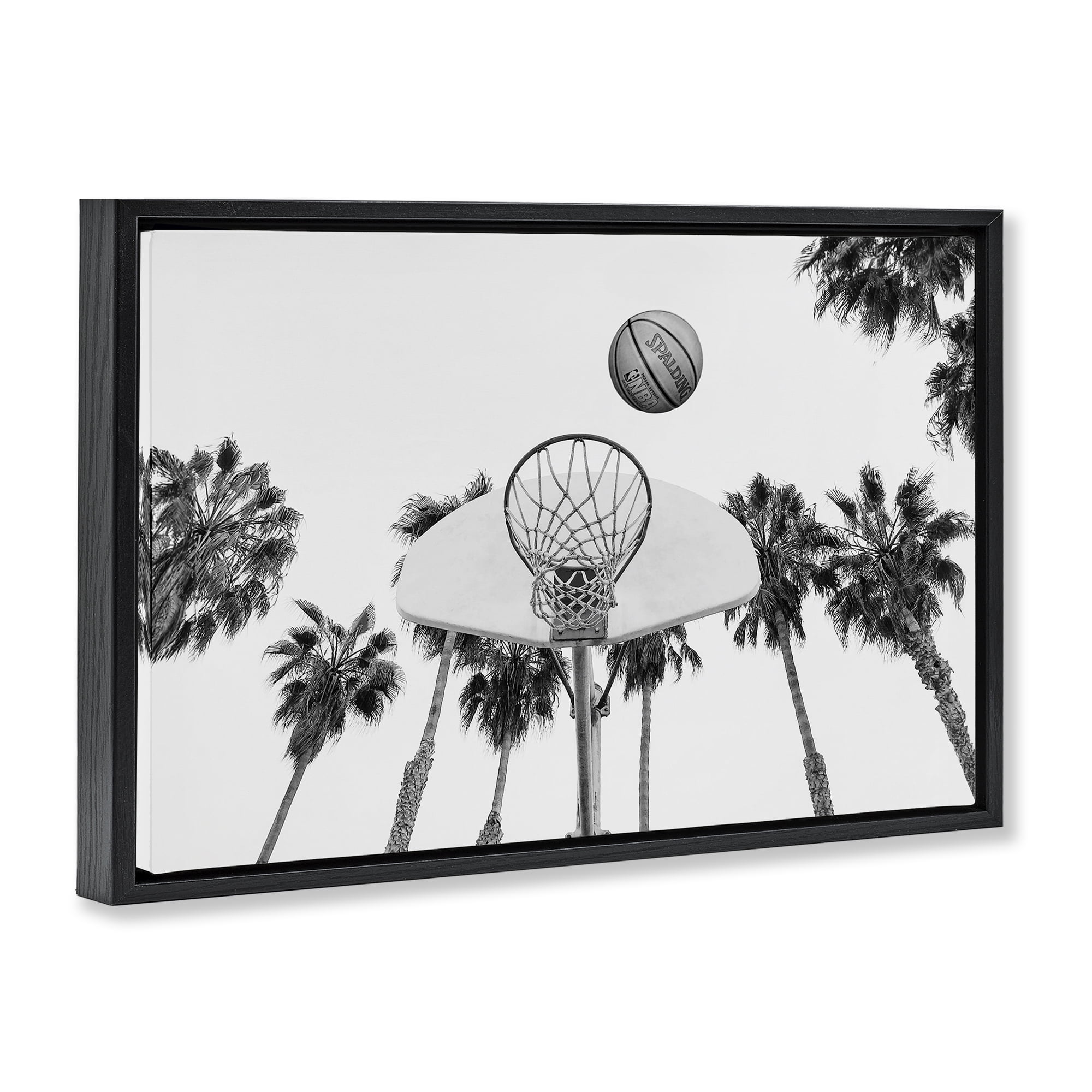 Stupell Industries Basketball Hoop with Palms Sports Painting Black Floater Framed Canvas Art Print Wall Art, 31 x 21