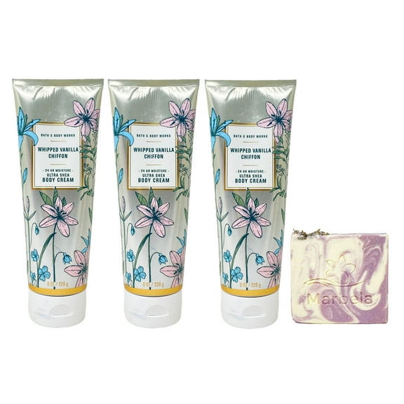 Bath & Body Works Whipped Vanilla Chiffon 3 Piece Body Cream Value Pack with a Marbela Lavender Dream Bar Soap - Full Size