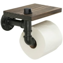 Excello Global Products Industrial Toilet Paper Holder With Rustic Wooden Shelf And Cast Iron Pipe Hardware For Bathroom, Washroom - EGP-HD-0061