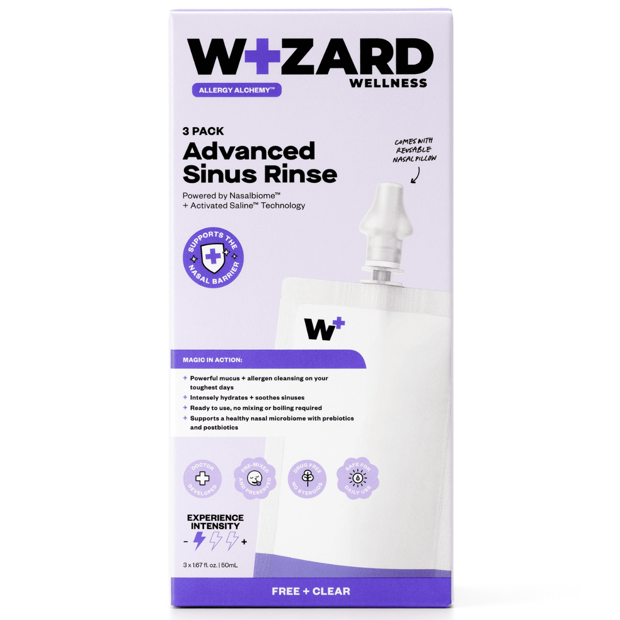 (2 pack) Wizard Wellness Advanced Sinus Rinse, Pre-Mixed Saline Nasal Wash, Drug-Free, Free + Clear, 3-Pack