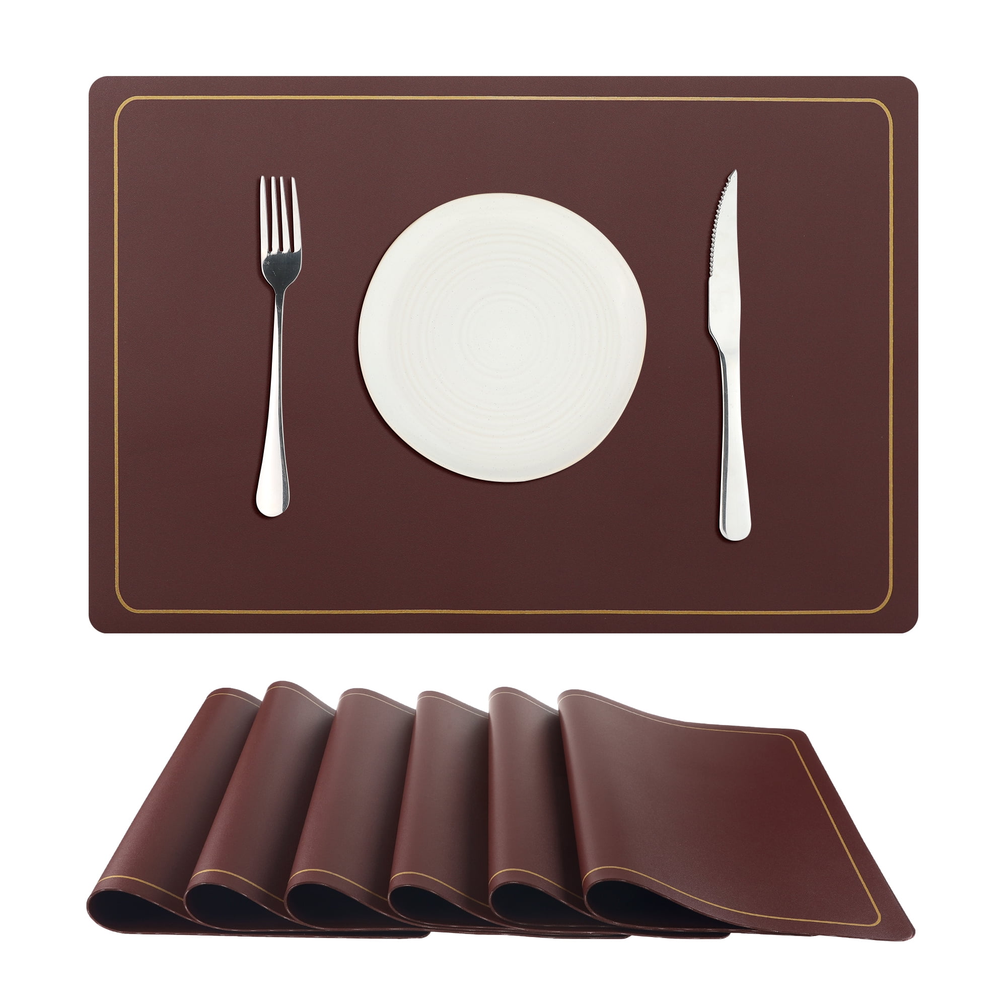 Unique Bargains Set of 6 Heat Resistant Faux Leather Placemats for Kitchen Dining Room Wine Red
