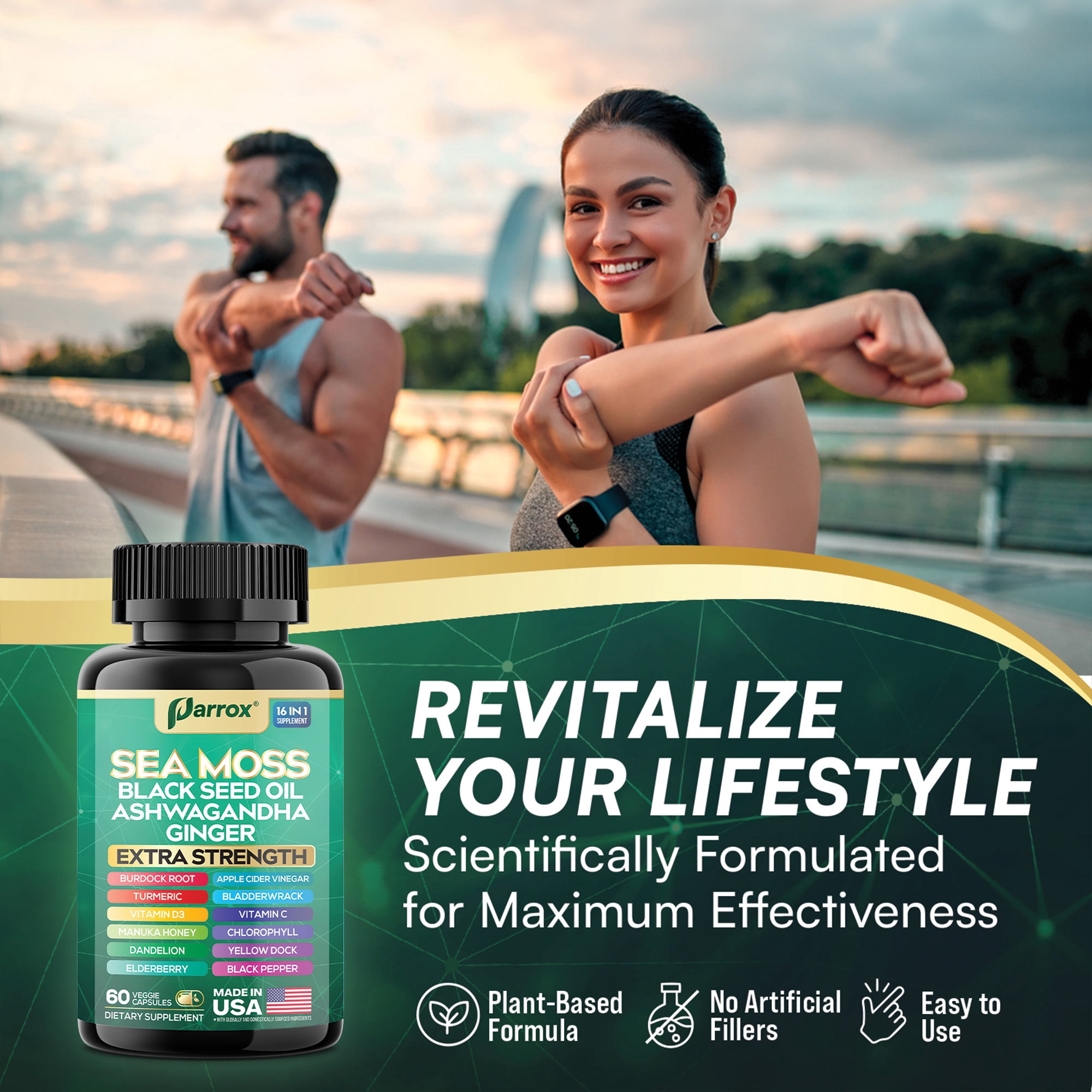 Sea Moss, Black Seed Oil, Ashwagandha, Turmeric, Chlorophyll, Dandelion, Ginger, Vitamin D3, Black Pepper, Elderberry, ACV, Yellow Dock, Burdock Root, Manuka, Vitamin C, Bladderwrack (60 Caps)