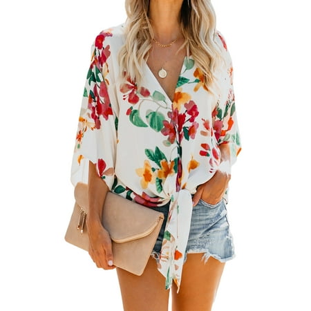 Floral Print Empire Tie Top - Womens Floral Blouses V Neck Tie Front 3 4 Sleeve Print Loose Tops Shirts Chic