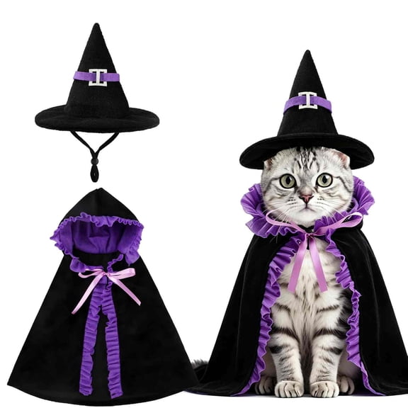 Halloween Cat Witch Costume Set ,Hat Cape Accessories Cats Small Dogs Purple Wizard Hat with Adjustable Hooded Cloak for Kitten Puppy Halloween Cosplay Party Holiday Costumes Outfit(Purple)