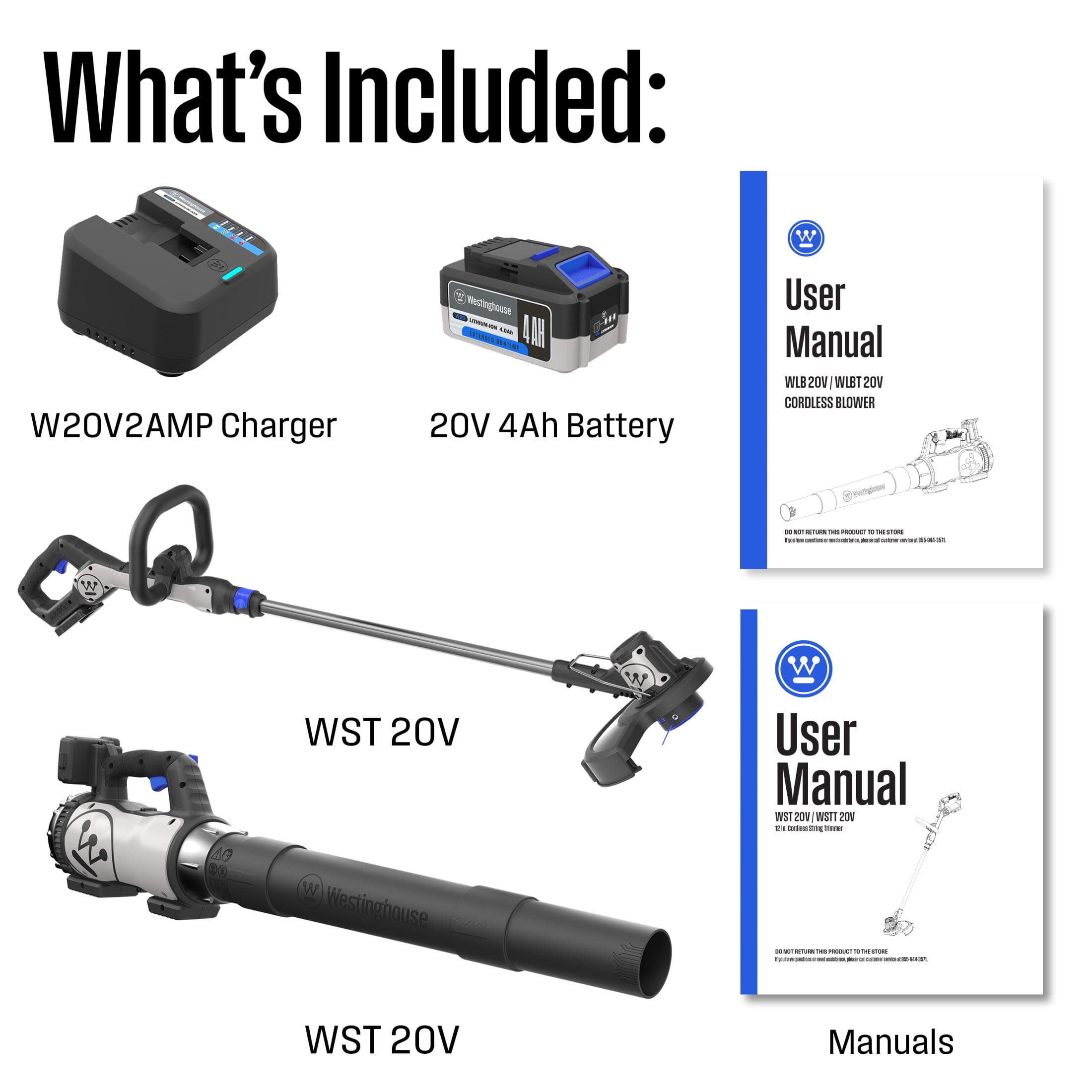 Westinghouse 20V Cordless Leaf Blower, 350 CFM, 110 MPH + 2-in-1 Cordless String Trimmer and Edger, 12 Inch Cutting Path with 4.0Ah Battery and Charger