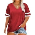 thumbnail image 2 of Delayuji Ladies Loose Casual V Neck Short Sleeve Cuff Striped Patchwork Solid Color Womens T Shirt Red Xl Polyester,Spandex Short Sleeve Shirts for Women, 2 of 4