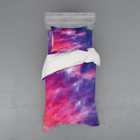 Ambesonne Landscape Bedding Set 3 Pcs, Cloudy Sunset, Twin XL, Purple