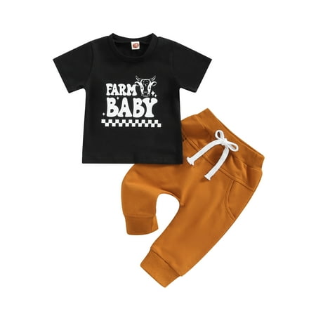 

Genuiskids 0-3 Years Baby Boy Set Cow Head Letter Print Short Sleeve T-Shirts Tops and Elastic Waist Long Pants 2Pcs Outfits