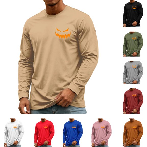 YNGKMEA Mens Long Sleeve T Shirts Pumpkin Face Print Print Tshirts Casual Crew Neck Fashion Tee