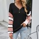 thumbnail image 2 of Top de manga larga para mujer, cuello en V, manga abombada, jersey de retales a rayas, blusa con botones, traje de otoño e invierno, negro M, 2 of 6