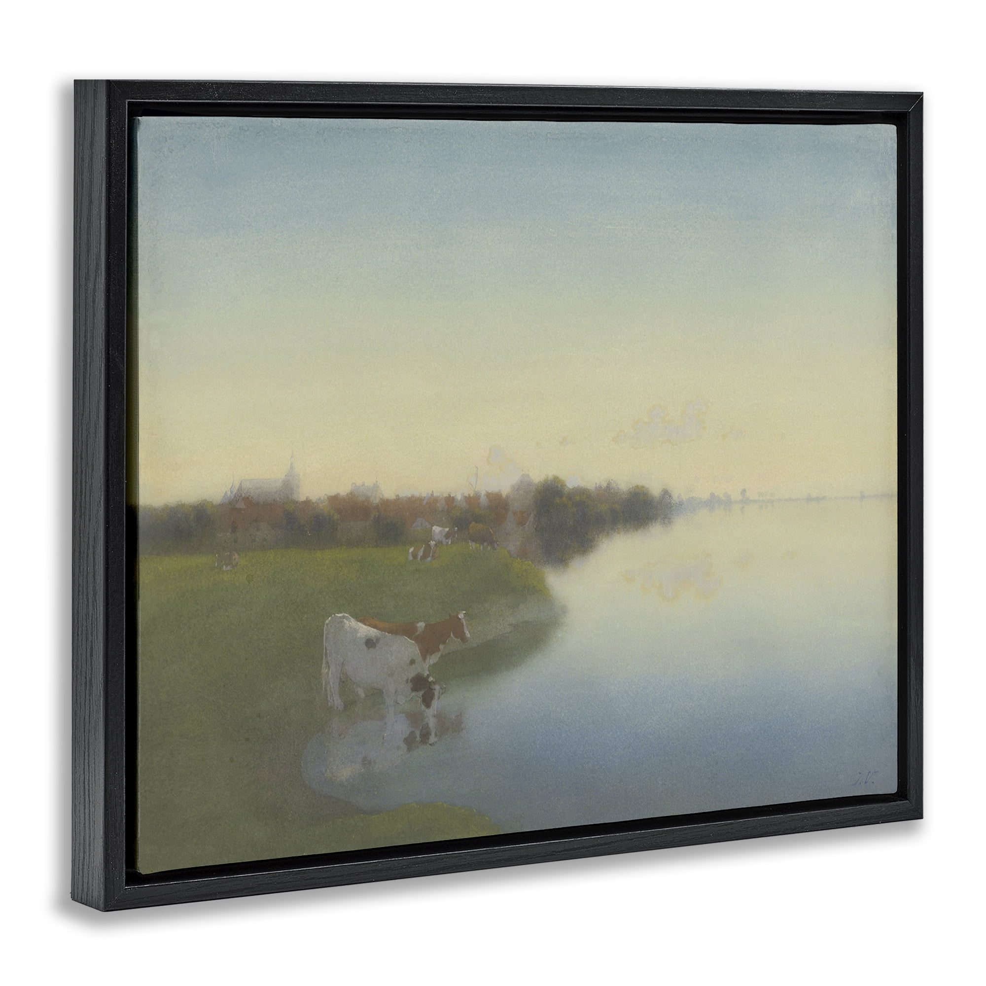 Stupell Industries Cows in Serene Shore Landscape & Nature Painting Black Floater Framed Canvas Art Print Wall Art, 31 x 25