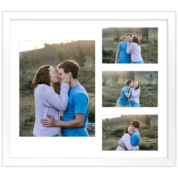 Mat Board Center 14x16 Solid Wood Collage White Picture Frame Matted to 8x10 and 4x6 Photos