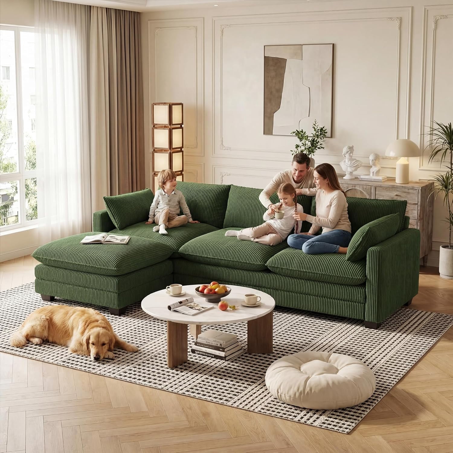 110.2" Cloud Couch Sectional, Lofka Modern Modular Sofa with Deep Seat, Upholstered Living Room Furniture Set with Movable Ottoman and 2 Throw Pillows, Green Couch