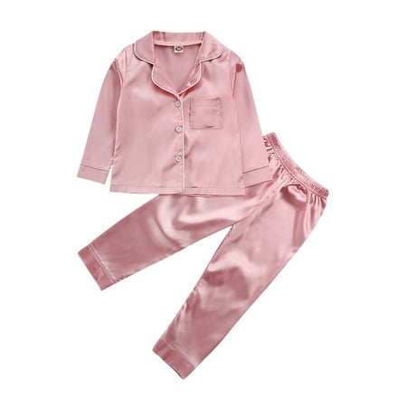 

Toddler Baby Girl Boy Satin Silk Pajamas Long-Sleeve Pjs Sleepwear Nightwear Loungewear Outfit Clothes Set Pink 1-2 Years