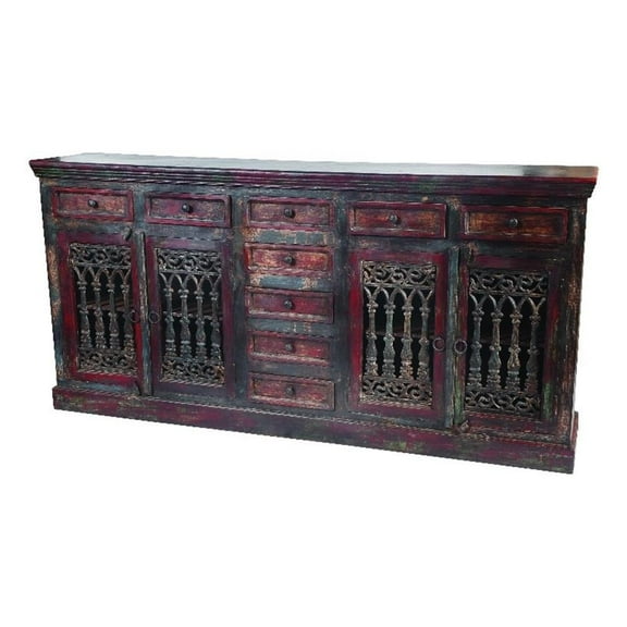 Arvada Mango Solid Wood 4 Door 9 Drawer Hand-Carved Buffet in Brown
