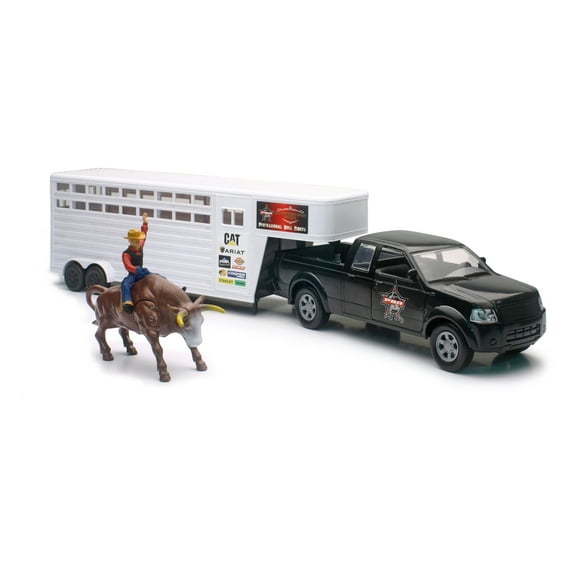 New-Ray SS-38636 PBR Pickup Truck and Cattle Trailer with Bull and Rider Playset