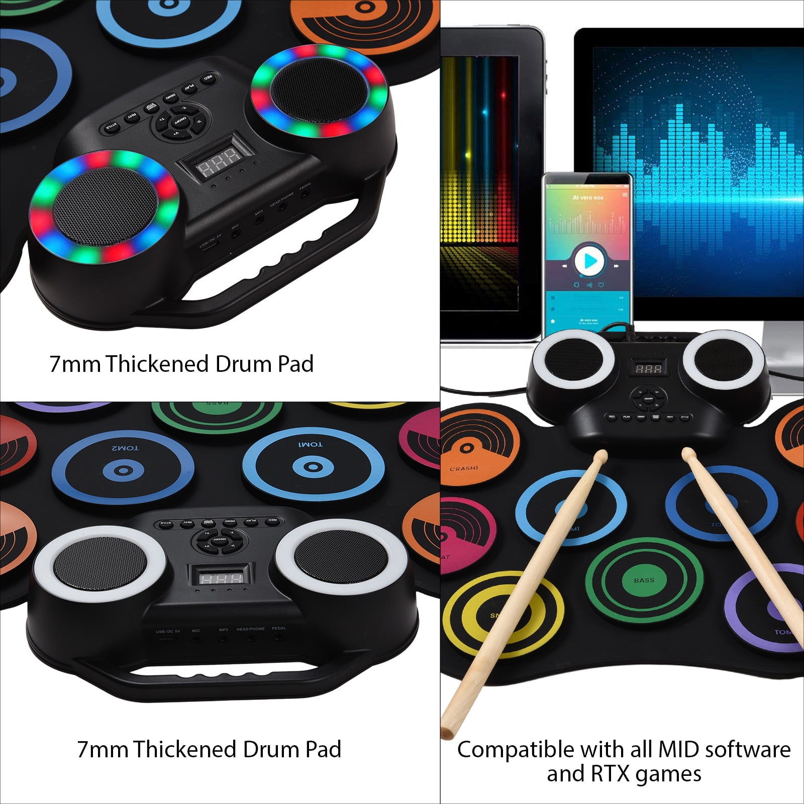 Portable Electric Drum Set - 9 Pads, Built-in Speaker, LED Display with Colored Lights - Includes 2 Drum Sticks, 2 Foot Pedals - USB or Battery Powered - Perfect Holiday or Birthday Gift - Enjoy the J