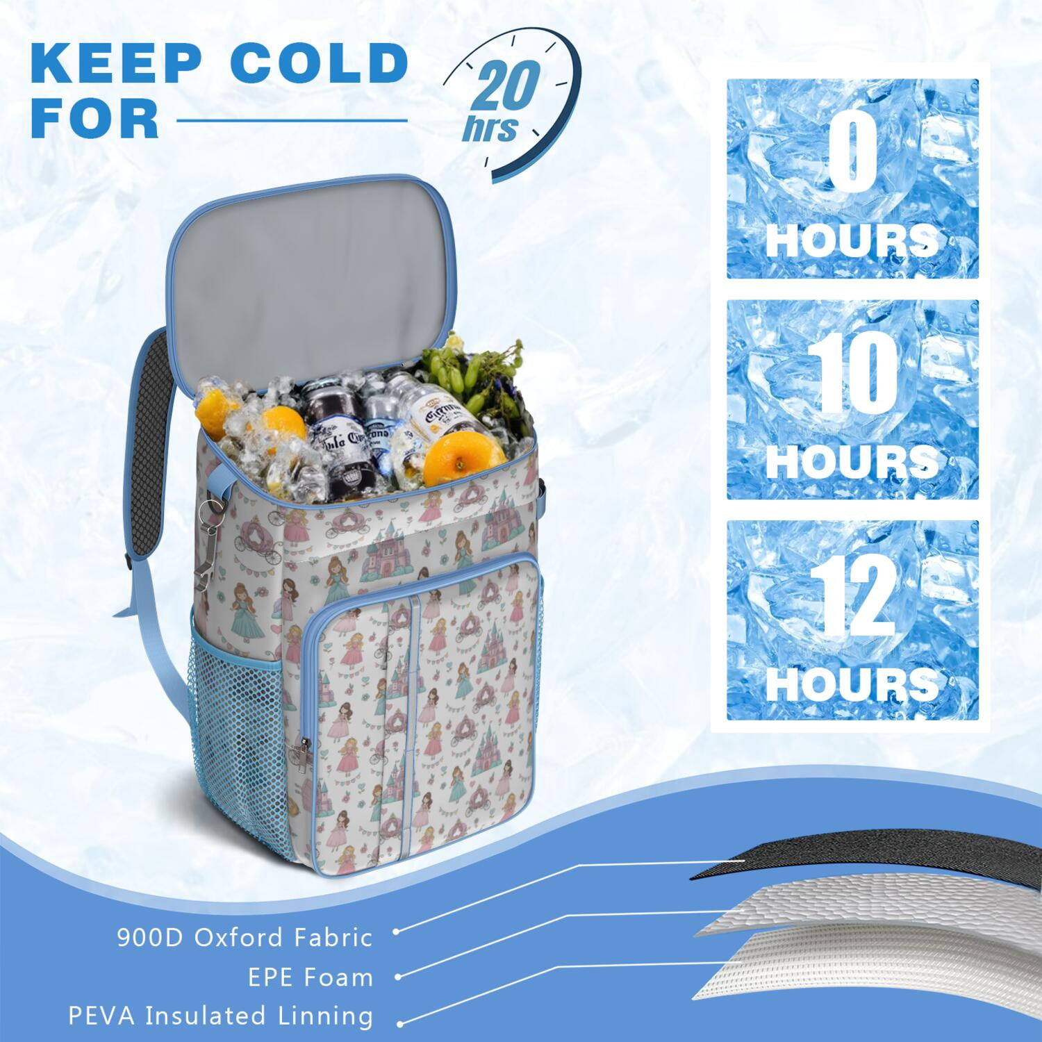 Travel Cooler Bag - White Princess Castle Pattern Camping Beer Cooler Backpack with Bottle Opener- Waterproof Insulated Picnic Backpacks - Cooler Bag for Beach