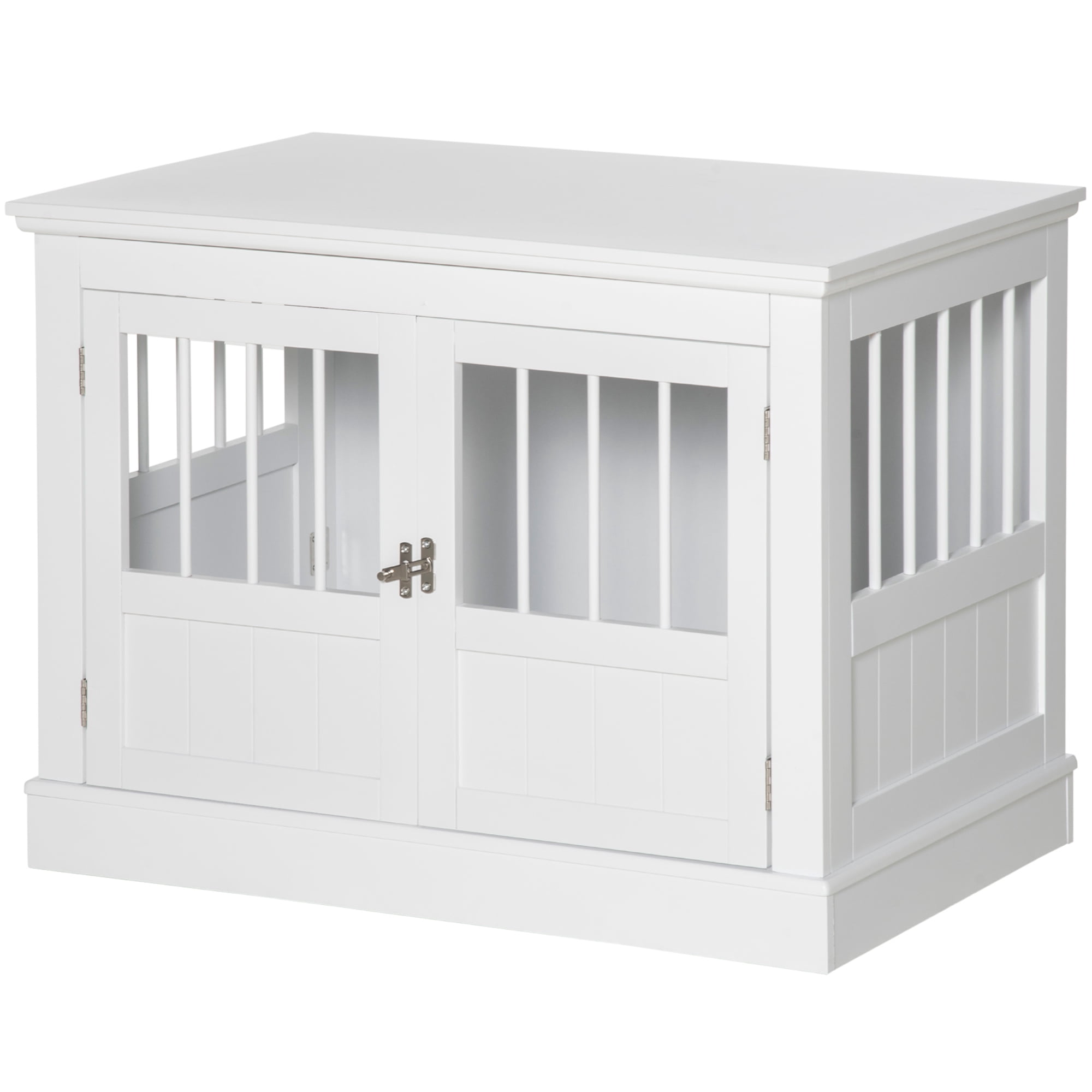 Wooden Dog Crate End Table Triple Doors Magnetic Closure Steel Tube Frame Indoor Pet Crate Furniture Side Table for Small Dogs Up to 22 lbs White