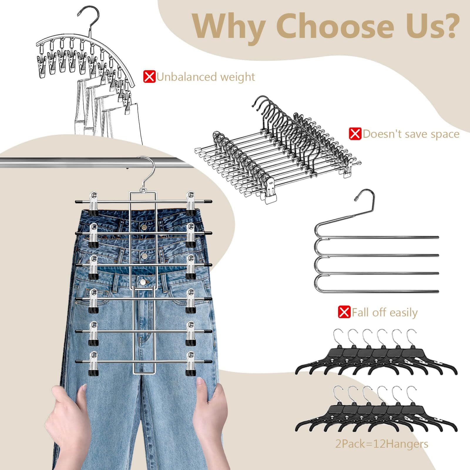 Pants Hangers with Clips,Space Saving Hanging Closet Organizer-6 Tiers Skirt Hangers with 360° Swivel Hook,Closet Organizer-Clothes Hangers- College Dorm Essentials Apartment Essentials