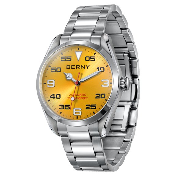 BERNY Automatic Watches for Men, 20ATM Waterproof Luminous Analog Mechanical Watch, Stainless Steel Fashion Men's Silver Watch, Sapphire Crystal, Screw-in Crown (Yellow)