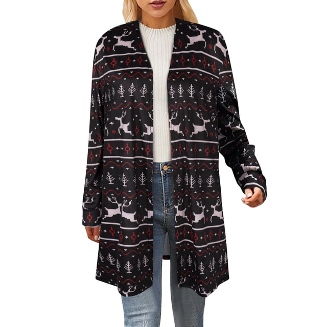 Cárdigan largo de Navidad para mujer, estampado de copos de nieve, manga larga, cárdigan abierto holgado a la moda para mujer, para otoño, Navidad, negro, XL