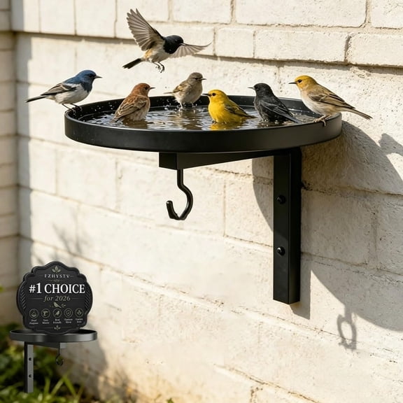 NORIZF Wall-Mounted Metal Bird Bath Basin,Outdoor Platform Deck Bird Feeder with Supports and Hook,Railing Wildlife Water Bowl Station Plant Storage Rack for Wild Birds,Lanterns,Wind Chimes