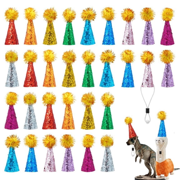 30 Pcs Mini Party Hats for Animal Figures Toys Tiny Glitter Cone Birthday Party Hats with Pom Poms