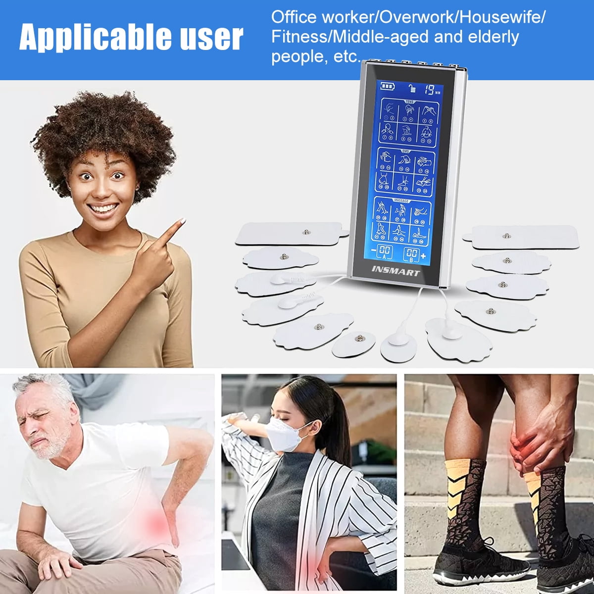 INSMART 3-in-1 TENS Unit Rechargeable Muscle Stimulator EMS Dual Channel with 10 Reusable Electrode Pads 36 Modes for Back Neck Pain Muscle Therapy Pain Management Pulse Massager