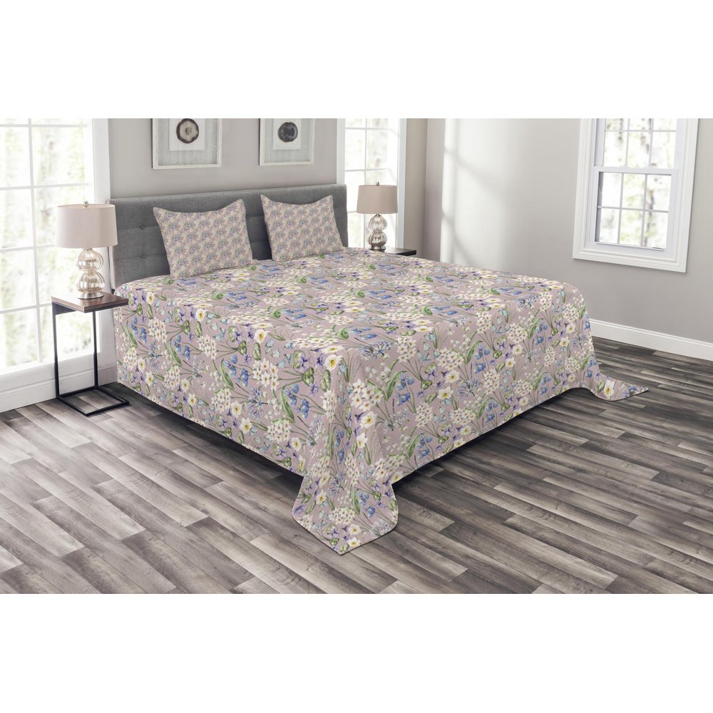 Spring Bedspread Set, Summer Field Farm Flowers Blooms Daisies Leaves