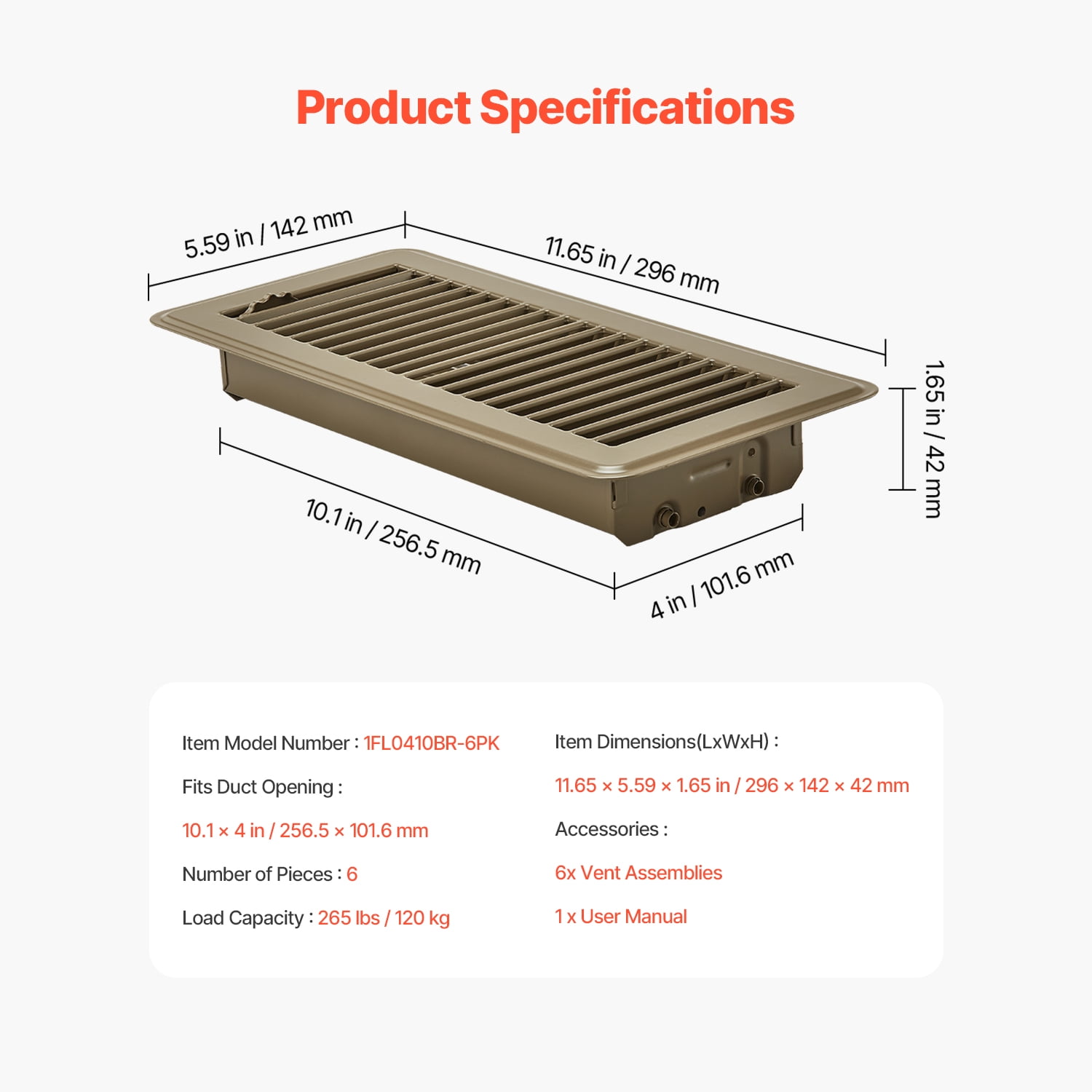 KFFKFF 4 x 10 Inch Floor Registers, 6-Pack Vent Covers, Durable Iron Floor Vents for HVAC Systems, Adjustable Rust-Resistant Airflow Control with Metal Damper