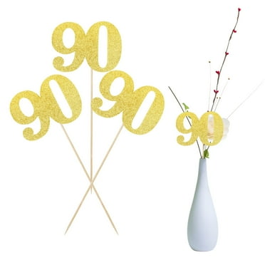 Glitter Number 90 Cake Toppers - Set of 12 Gold Centerpiece Sticks for 90th Birthday & Anniversary Party Decorations - Table Flower Topper Kit