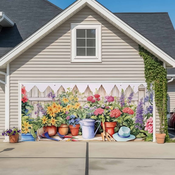Colorful Spring Floral Garage Door Cover Banner 7 x 8 FT, Summer Flowers Botanical Garage Door Curtains Backdrop with Grommets for Indoor Outdoor Wall Party Porch Yard Decorations Background