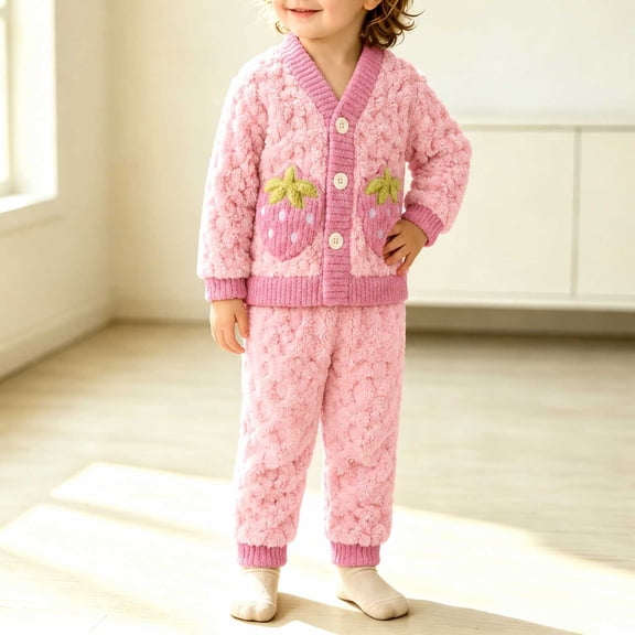 Amidoa Girls 2 Piece Outfits Fall Winter Clothes Fleece Long Sleeve Top and Jogger Pants Kids Clothing Sets Pink Size 0-1 Years