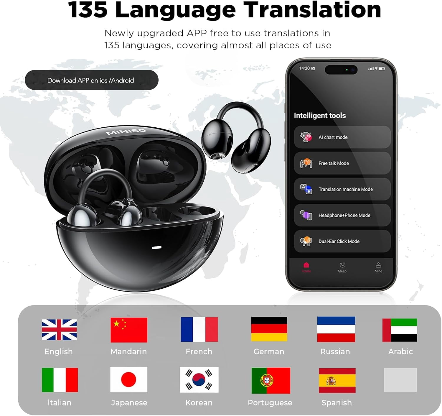 MINISO MS192 Wireless Earbuds Real Time 135 Languages AI Translation Earbuds with Free Two-Way Translation Ear Clip