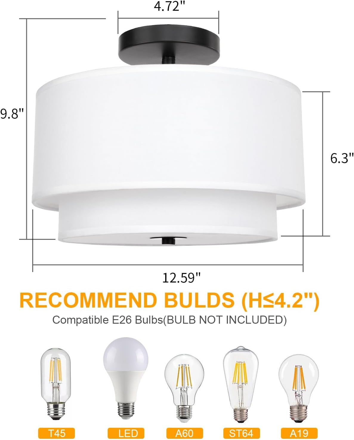 FRIDEKO HOME 3-Light Semi Flush Mount Ceiling Light Fixture, 12.6inch Modern Ceiling Light with 2-Layer White Drum Fabric Shade for Bedroom,Living Room,Kitchen,Hallway(Without Bulb)