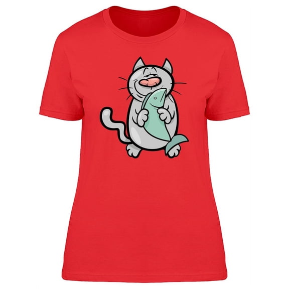 Happy Kitten With Fish Doodle T-Shirt Women -Image by Shutterstock, Female Large