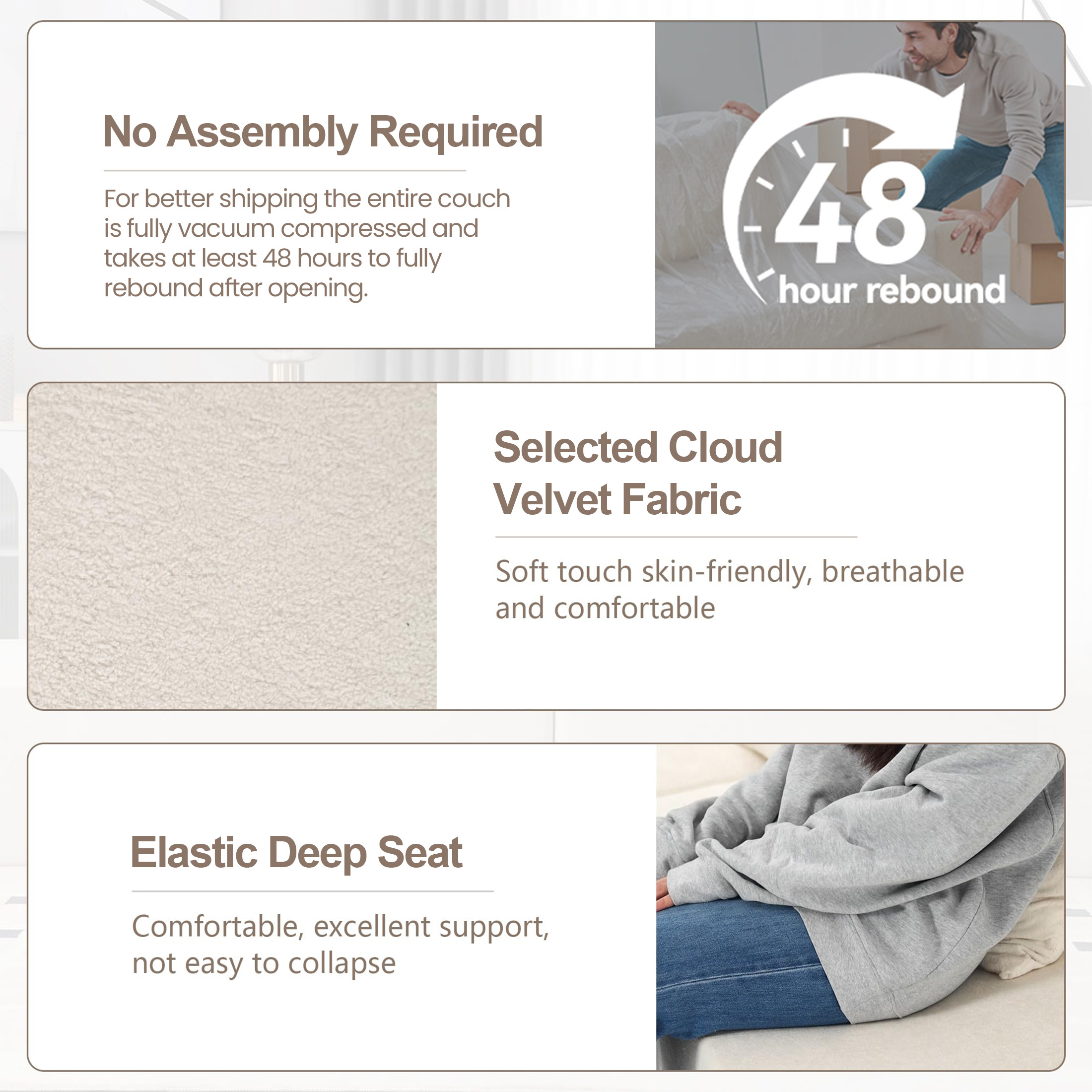 Jinyeda 91 " Curved Chaise Couch Memory Foam Sofa for Home Office, Installation Free, Velvet, Gray