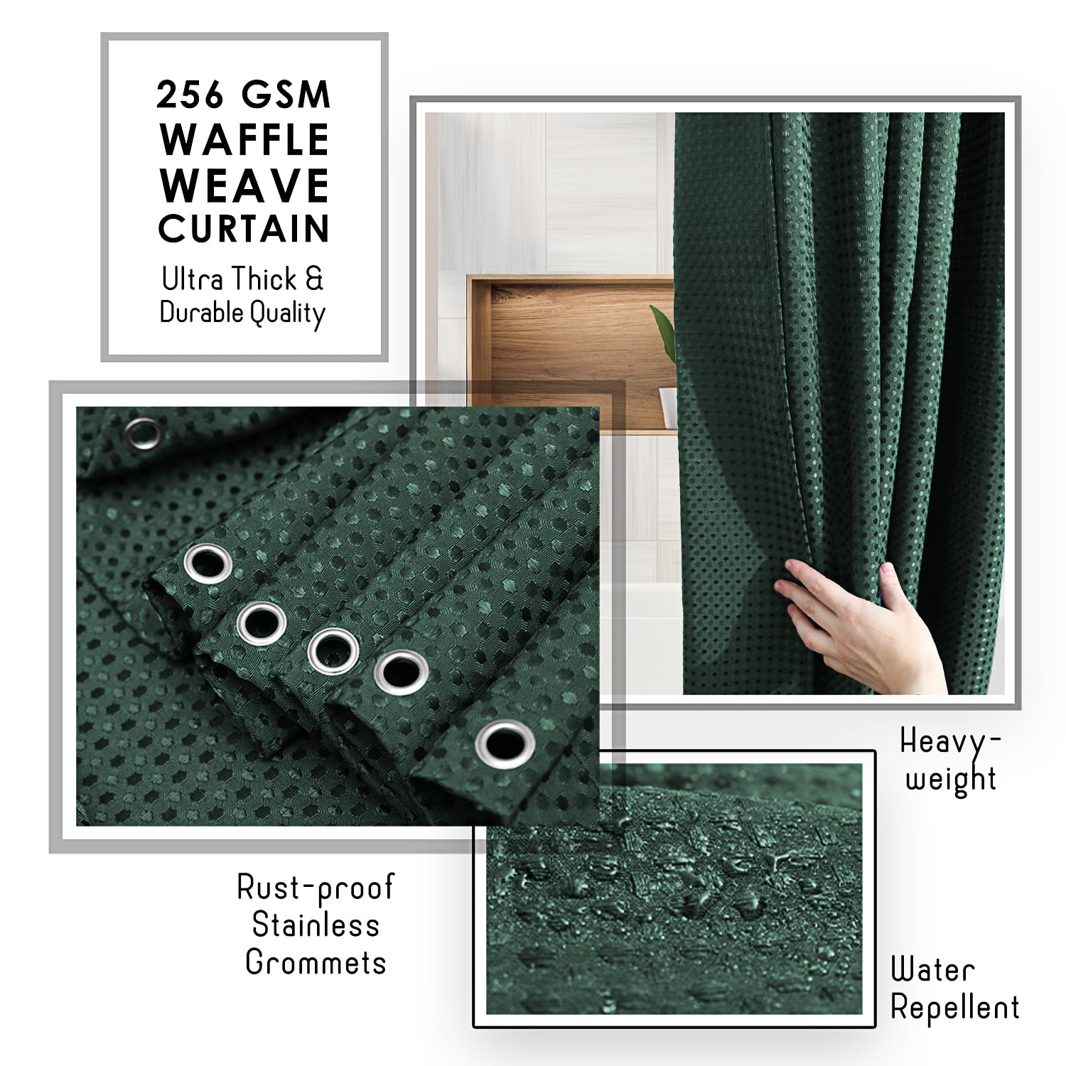 (2 pack) LammaLoe Hunter Green Shower Curtain, Waffle Weave Heavy Duty Fabric Shower Curtain, 72” x 72" Hotel Luxury 256 GSM Bathroom Curtains