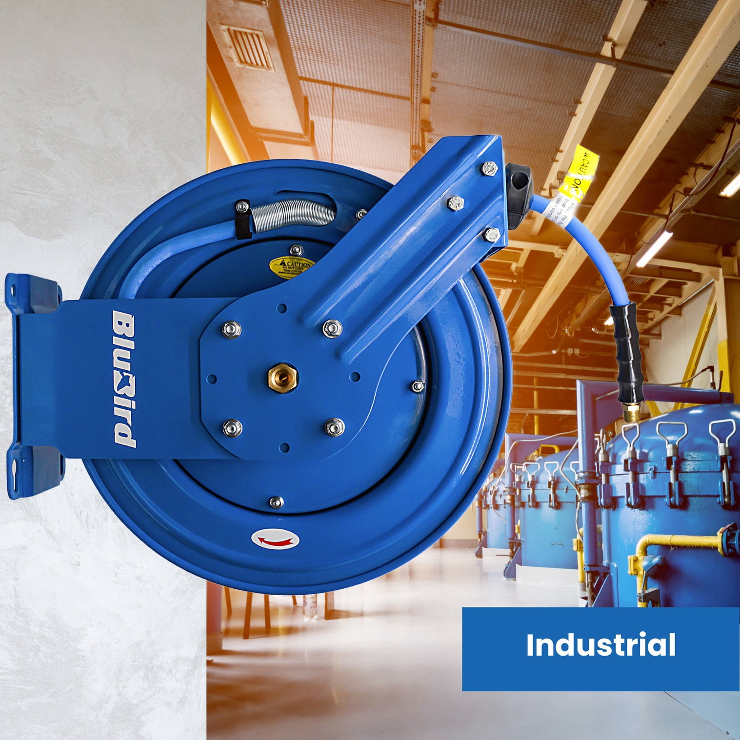 BluBird 3/8" x 50' Retractable Dual Arm Air Hose Reel, 300 PSI Rubber Hose, Heavy-Duty Steel, Commercial & Industrial Use